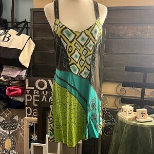 Chic Geometric Green and Brown Mini Dress